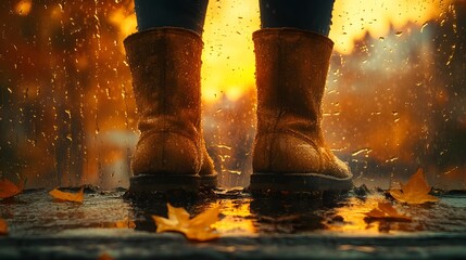 Delightful Cozy Boots Illustration Featuring Warm Shades and Tactile Rain-Kissed Surfaces for Ultimate Comfort