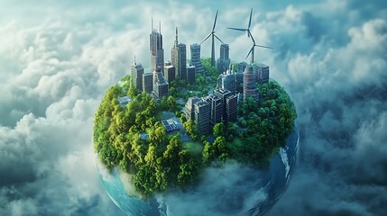 Sustainable City on a Miniature Planet, A miniature planet with a cityscape surrounded by lush greenery, solar panels, and wind turbines, symbolizing sustainable urban development and renewable energy