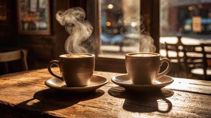Two cups of coffee on a wooden table with natural lighting and a cozy atmosphere
