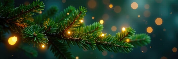 Evergreen branch arrangement with glowing fairy lights, lights, twinkle
