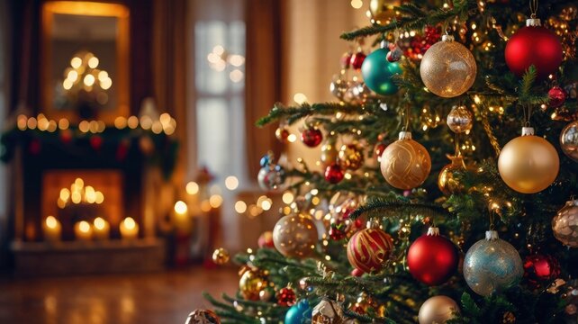 Christmas tree decorated with ornaments and lights in a cozy living room setting - Powered by Adobe