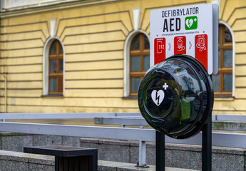 AED defibrillator for general use by people in the city center. defibrillator saving lives in the city.