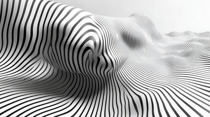 Abstract Black and White Striped Pattern Creates Wavy Surface in Minimalistic Style