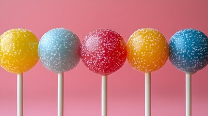 Vibrant and Colorful Lollipops Arranged in a Line on a Pink Background for a Festive Pop Art Vibe