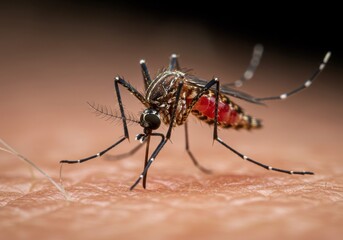 Extreme close-up of mosquito, biting human skin, blood-filled abdomen, detailed insect anatomy, sharp focus, macro photography, pale pink flesh