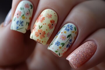 Beautiful floral nail art designs displayed close-up indoor photography artistic expression