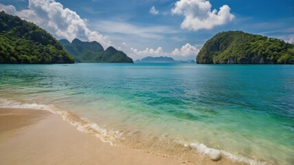 Scenic beach view with clear blue water and sandy shore at phi phi islands thailand