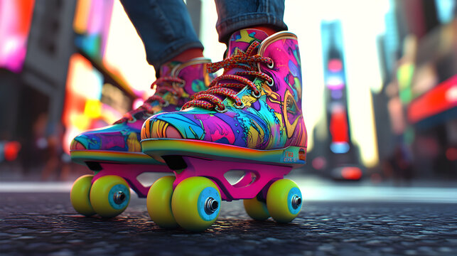 una persona patinando con un par de patines coloridos y con dise&ntilde;o artistico patinando por las calles urbanas de la ciudad recreacion y diversion