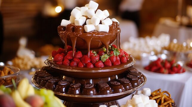 a luxurious chocolate fountain surrounded by fresh fruits, marshmallows, and pretzels for dipping, at an elegant event. 