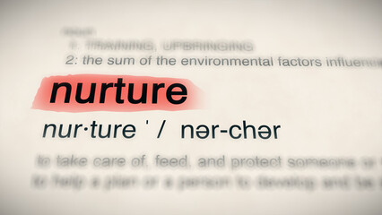 The word "nurture" in a dictionary, showing its definition and meaning