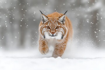 Majestic Eurasian lynx gracefully traversing a snowy landscape, its piercing gaze captivating amidst a winter wonderland.