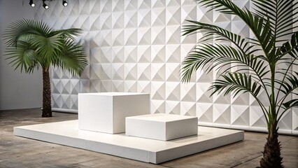 Fototapeta premium Minimalist Display with Palm Plants: Modern Interior with White Textured Wall