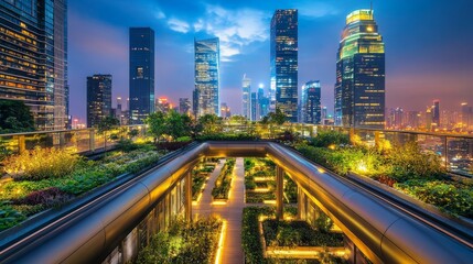 Obraz premium Elevated walkways above rooftop gardens with glowing city lights below, offering stunning views of the modern city as skyscrapers light up the night sky