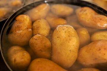 A close-up of fresh potatoes boiling in a pot with steam rising from the water. 