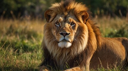 Fototapeta premium Lion resting in tall grass under natural habitat during daytime