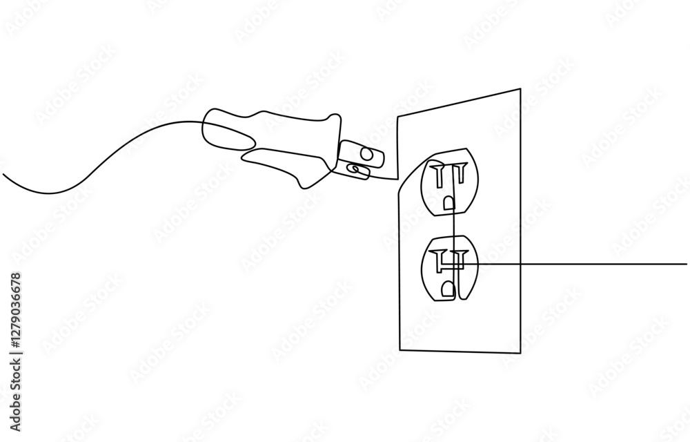 Aufkleber plug inserting into electric outlet in continuous line art drawing style. power plug and socket mini