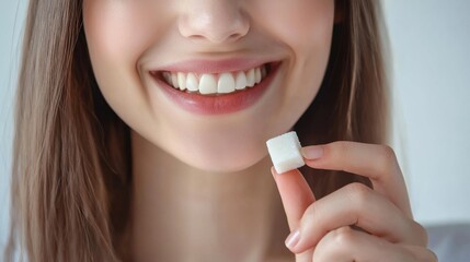 Cropped shot of a young woman holding a cube of refined sugar in her teeth isolated on a white background. Sweet tooth. Dependence, harm and danger to the health of white sugar