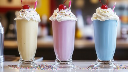 colorful milkshakes in tall glasses topped with whipped cream, sprinkles, and cherry on top, placed...