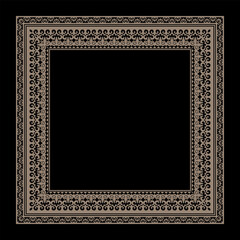 Decorative gold Islamic Asian Kazakh square frame with abstract pattern on a black background. Square frame. Template for laser cutting, printing card, invitation, textiles, engraving, forging. Vector