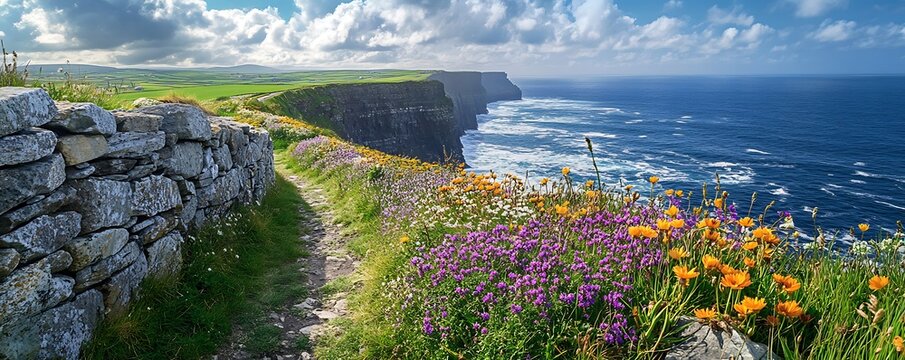 Scenic cliffs and wildflowers cliffs of moher nature photography coastal path