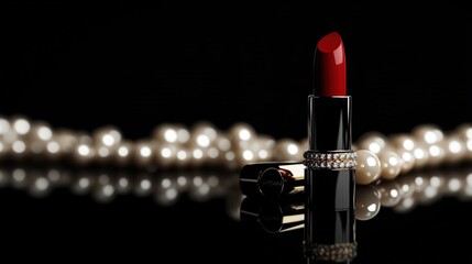 A luxury lipstick displayed on a reflective black surface, paired with pearls
