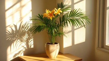 Fototapeta premium A vibrant green plant rests on a table, basking in the warm sunlight, creating a serene indoor atmosphere.