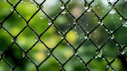 Fototapeta premium A detailed close-up of a chain link fence adorned with glistening raindrops, showcasing the intricate texture and beauty of the metal in wet conditions.