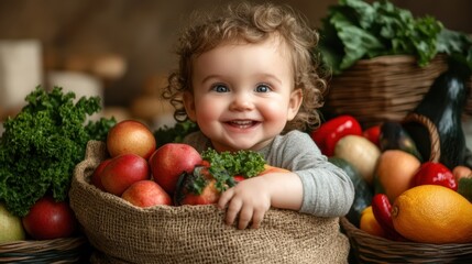 Fototapeta premium A little girl sits playfully in a colorful basket filled with various fruits, showcasing a whimsical and joyful scene of childhood innocence.