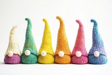A series of colorful knitted gnomes hats with glitter, arranged in a row on white background