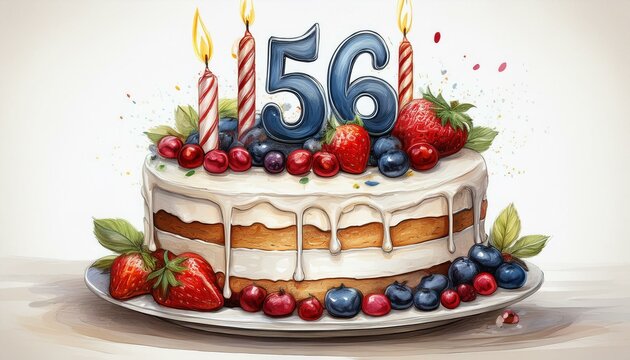 Illustration of decorated white cake for birthday or anniversary party. Number 56, fifty-sixth birthday celebration