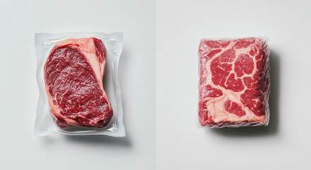 Meat packaging design, one piece of beef in a black tray and another steak wrapped in plastic wrap on a white background