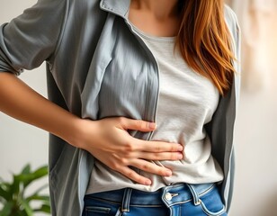 Woman with stomach pain showing discomfort from digestive issues against soft healthcare backdrop