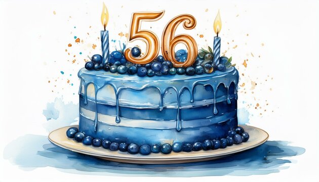 Illustration of decorated blue cake for birthday or anniversary party. Number 56, fifty-sixth birthday celebration