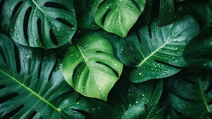 Lush green leaves glisten with water droplets, showcasing nature's beauty and the refreshing essence of a rain-kissed environment.