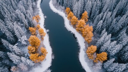 Obraz premium Aerial view of a serene river winding through a snowy forest, showcasing the tranquil beauty of nature in winter's embrace.