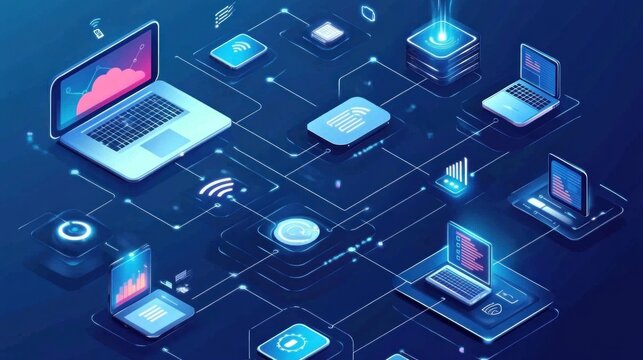 Isometric digital network connecting computers and data centers illustration