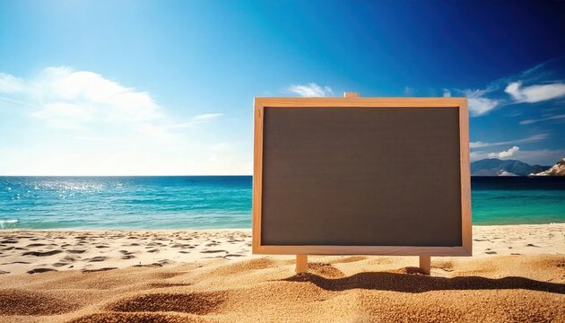 A tropical beach scene featuring a blank blackboard with a wooden frame on the sand, great for vacation messages, summer promotions, or travel-related content.