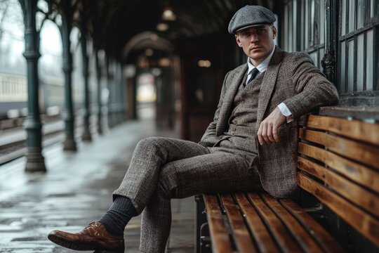 A man in a tweed suit and flat cap sitting on a wooden bench in an old train station