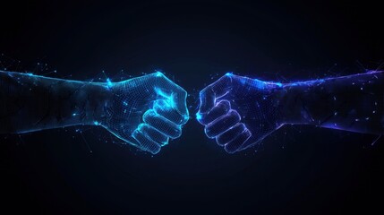 Obraz premium Two Digital Fists Clashing in a Futuristic Glow Representing Unity, Strength, and Power in a Virtual World of Technology and Innovation