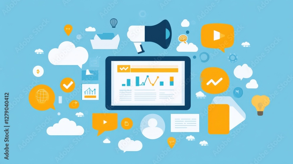 Poster digital marketing analytics dashboard showcasing trends with graphs and icons on a blue background