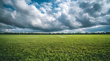 Lush Green Football Field with Dramatic Cloudy Sky Background