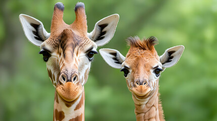 Obraz premium Giraffe mother and calf portrait, zoo, lush background, wildlife conservation