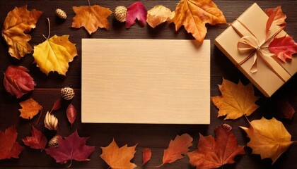 A plain wooden board on a rustic surface, surrounded by colorful autumn leaves, pinecones, and a wrapped gift tied with ribbon.