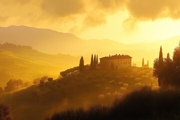 Obraz premium A serene sunrise over the rolling hills of Tuscany, Italy, with a rustic farmhouse