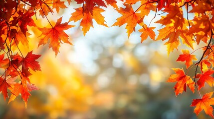 Vibrant autumn maple leaves frame a sunlit background.