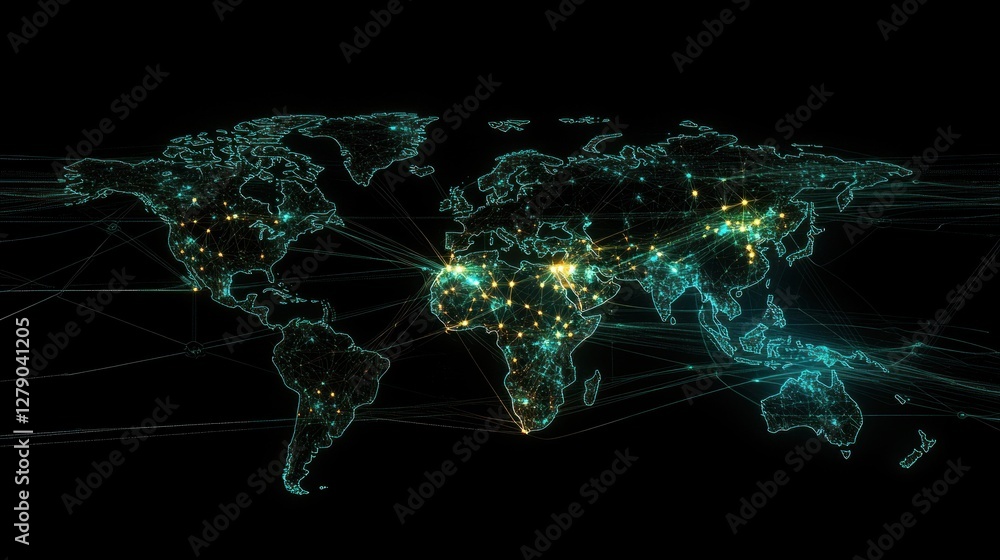 Poster global connectivity, digital network across world map on dark backdrop