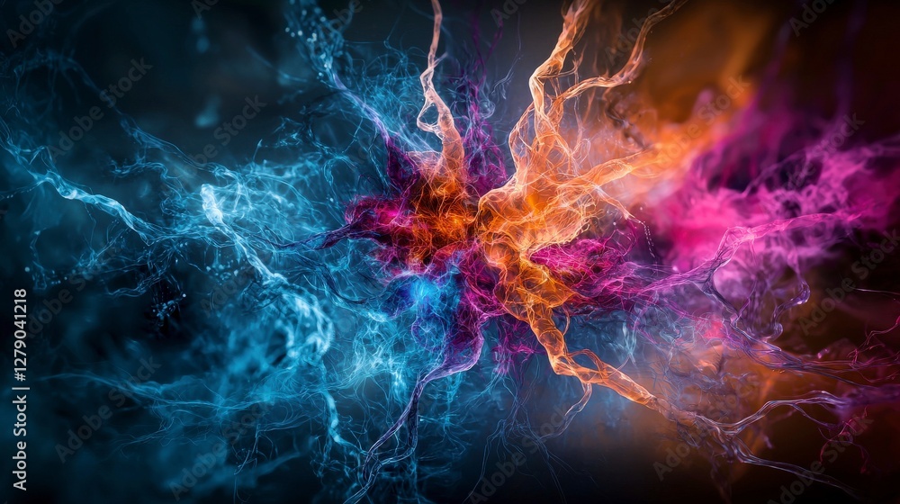 Poster Dynamic neural network energy burst abstract digital artwork colorful patterns vibrant environment close-up view