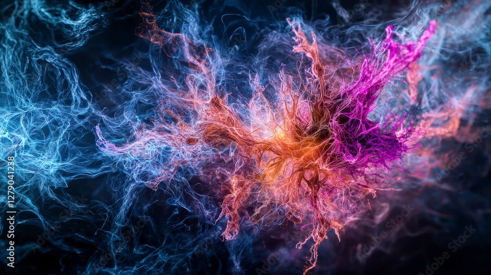 Aufkleber Dynamic neural network visualization digital art abstract dark background colorful design energy flow