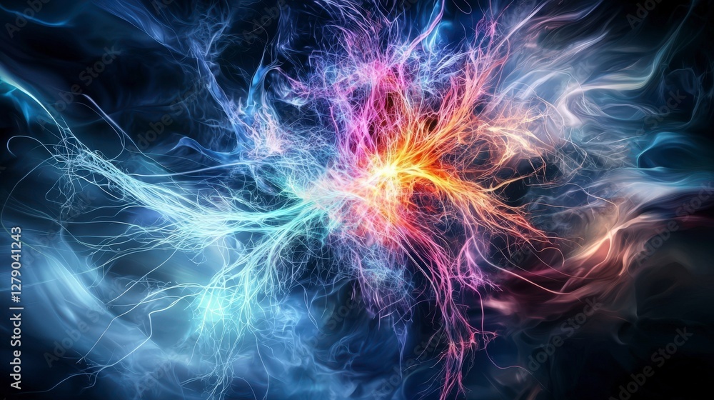Poster Dynamic neural network patterns radiating energy in a vibrant digital landscape abstract art high contrast