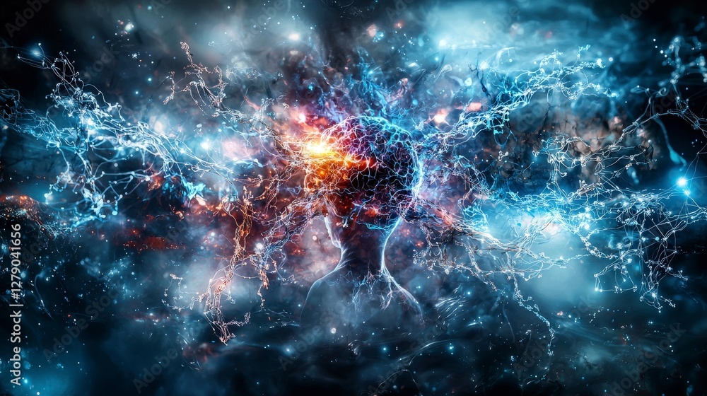 Poster technologically enhanced humans digital cosmos abstract art surreal environment vast perspective fut